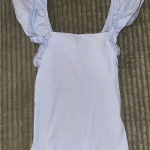 Sky Blue Ribbed Ruffle Sleeve Top
